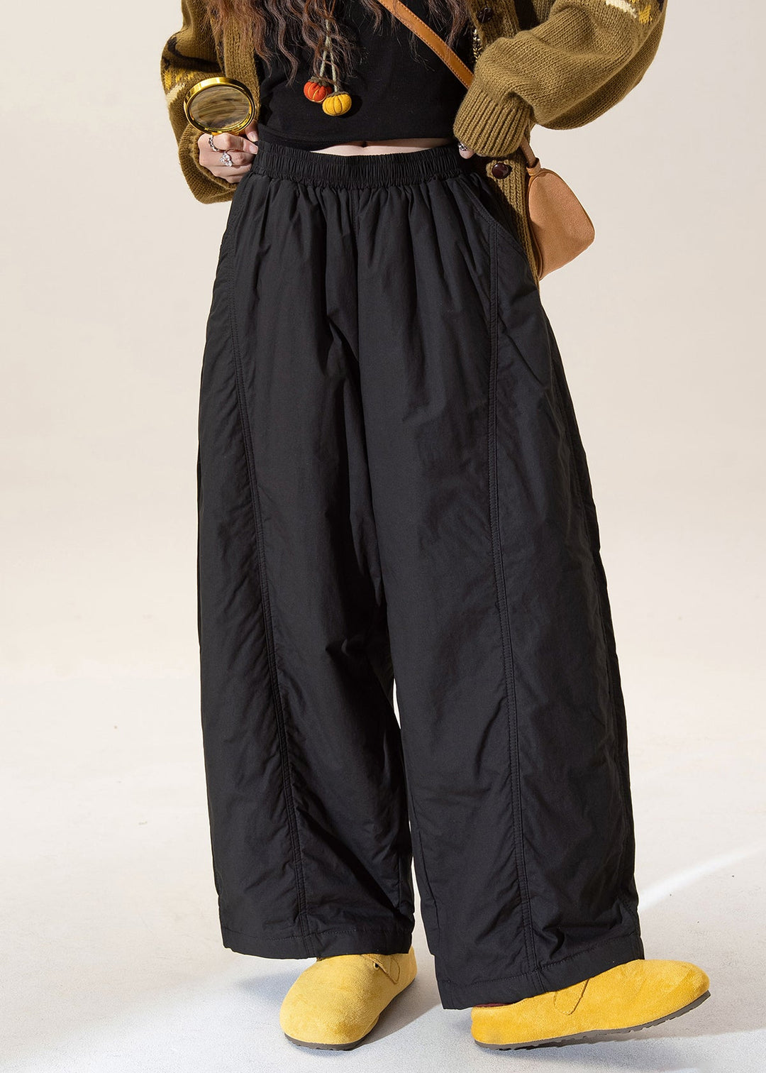 French Apricot Elastic Waist Fine Cotton Filled Pants Winter