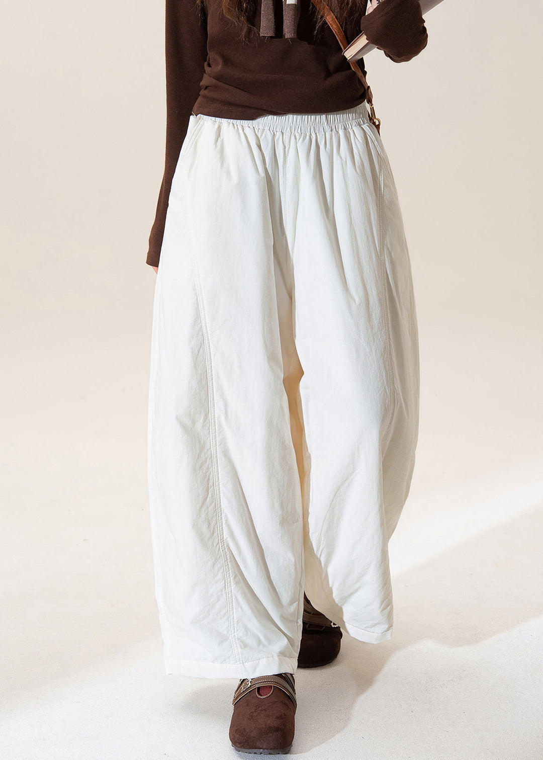 French Apricot Elastic Waist Fine Cotton Filled Pants Winter