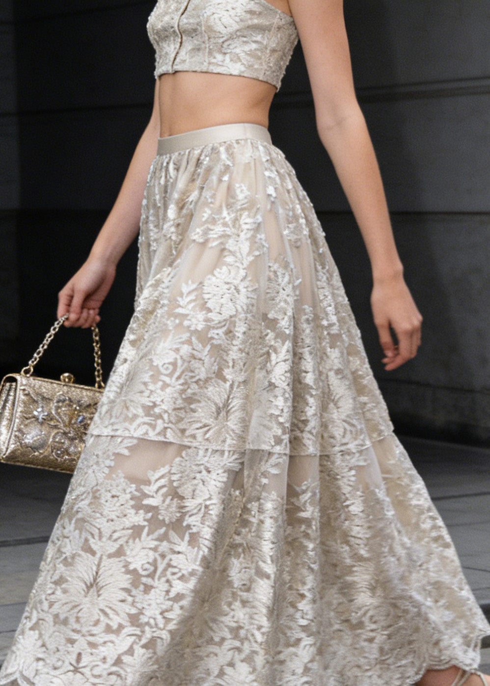 French Apricot Embroidered High Waist Tulle Skirts Spring