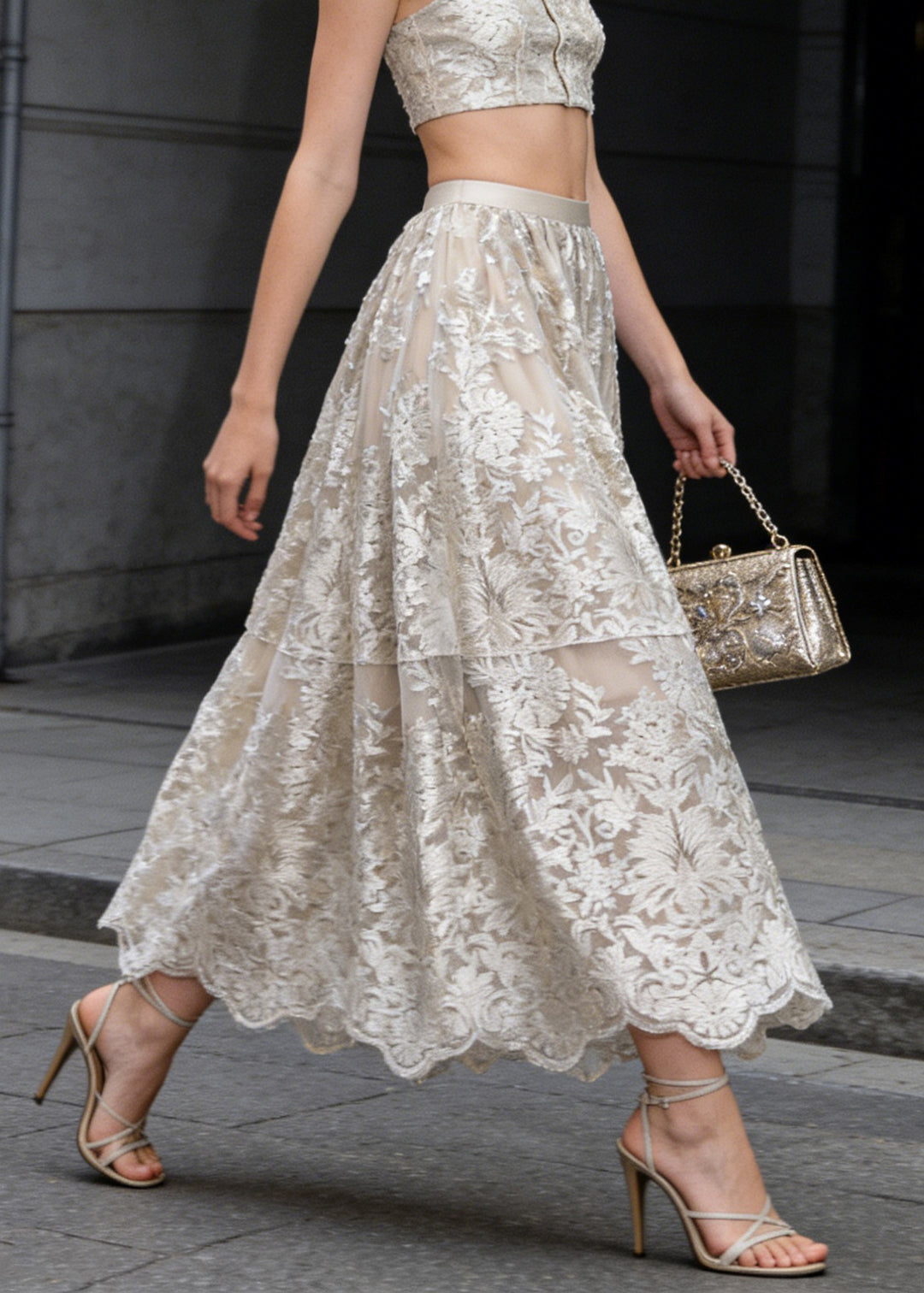 French Apricot Embroidered High Waist Tulle Skirts Spring