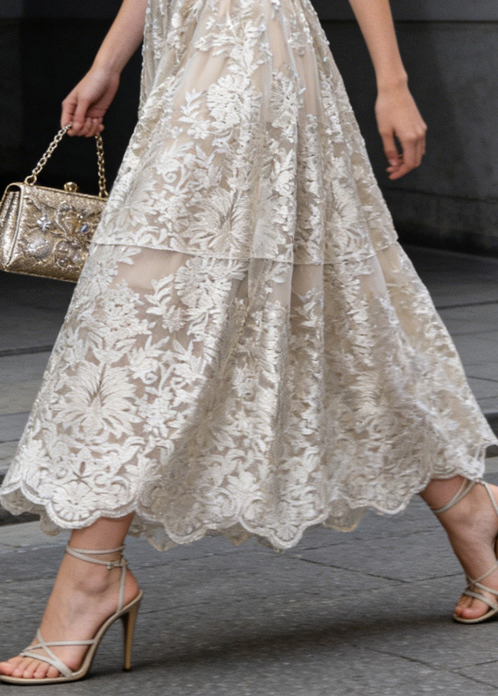 French Apricot Embroidered High Waist Tulle Skirts Spring