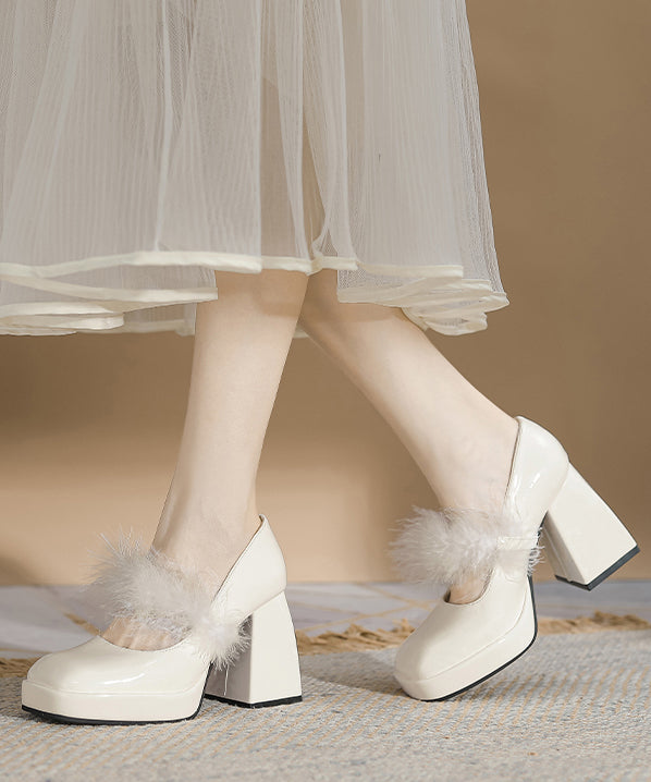 French Apricot Faux Fur Splicing Chunky Heel Fuzzy Wool Lined