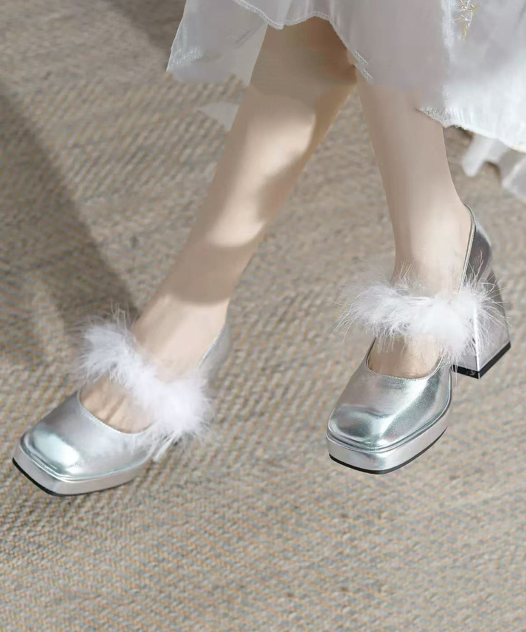 French Apricot Faux Fur Splicing Chunky Heel Fuzzy Wool Lined