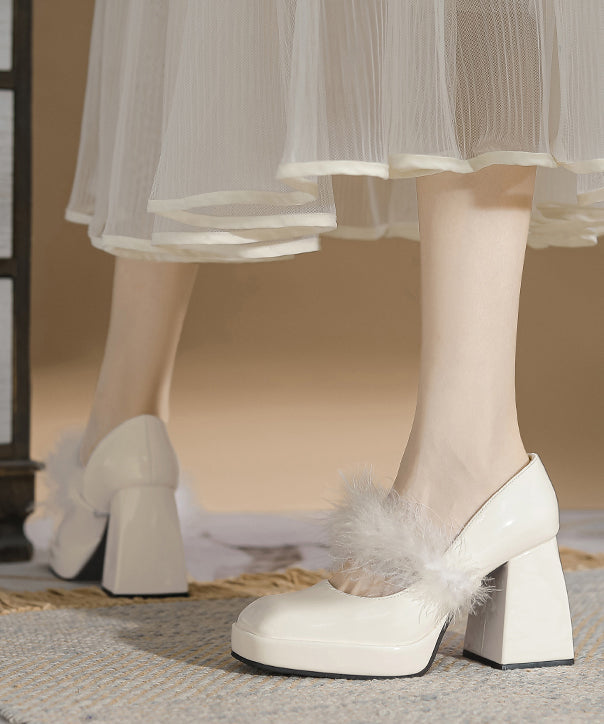 French Apricot Faux Fur Splicing Chunky Heel Fuzzy Wool Lined