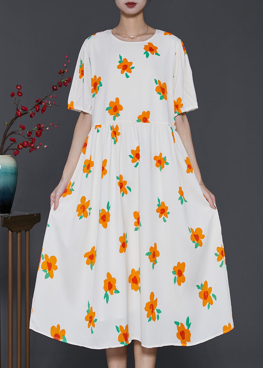 French Apricot Floral Print Cotton Holiday Dress Summer