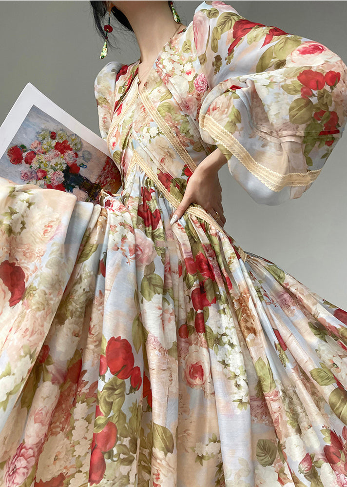 French Apricot Flower Print Silk Evening Dresses Lantern Sleeve