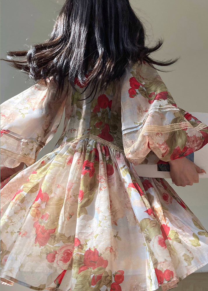 French Apricot Flower Print Silk Evening Dresses Lantern Sleeve