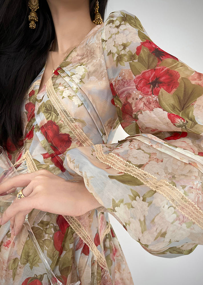 French Apricot Flower Print Silk Evening Dresses Lantern Sleeve