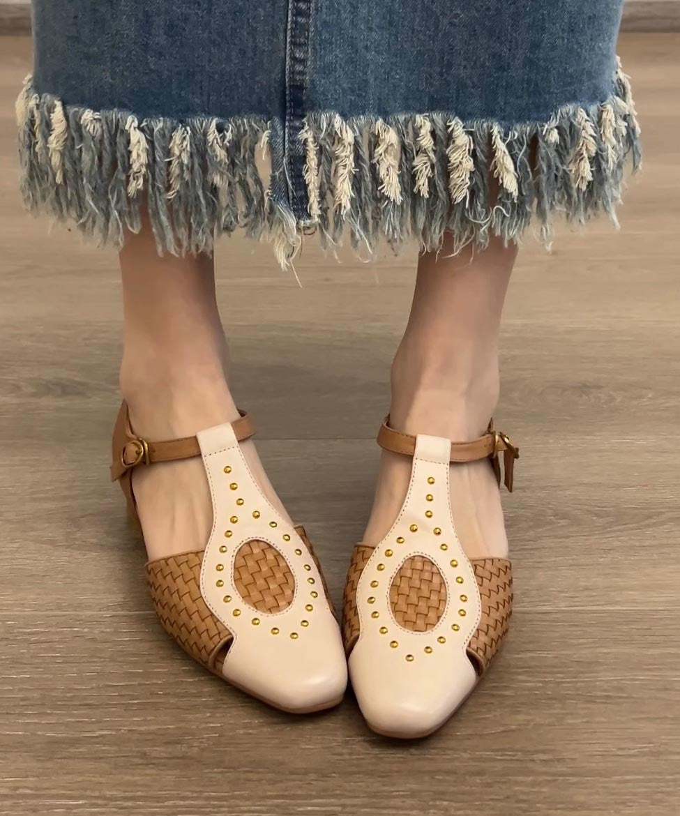 French Apricot Hollow Out Woven Square Head Rivet Sandals – Omychic