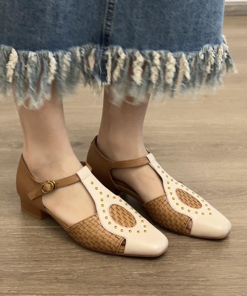 French Apricot Hollow Out Woven Square Head Rivet Sandals