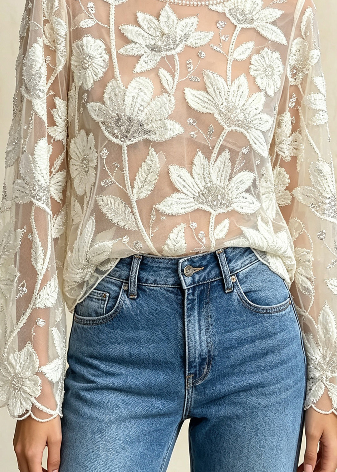 French Apricot O Neck Embroidered Floral Nail Bead Tulle Top Fall