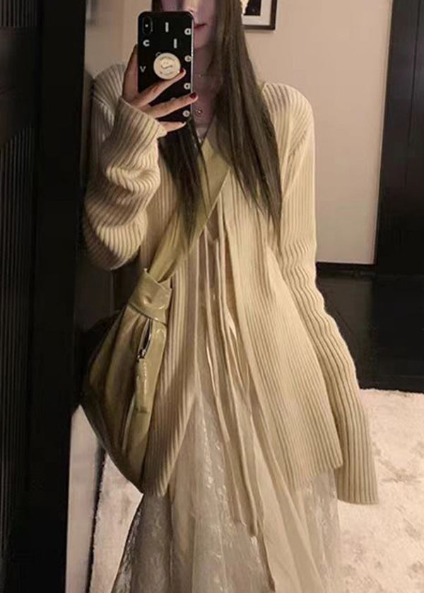 French Apricot O Neck Lace Up Knit Cardigans Fall