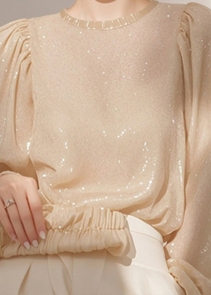 French Apricot O Neck Sequins Shirt Tops Spring
