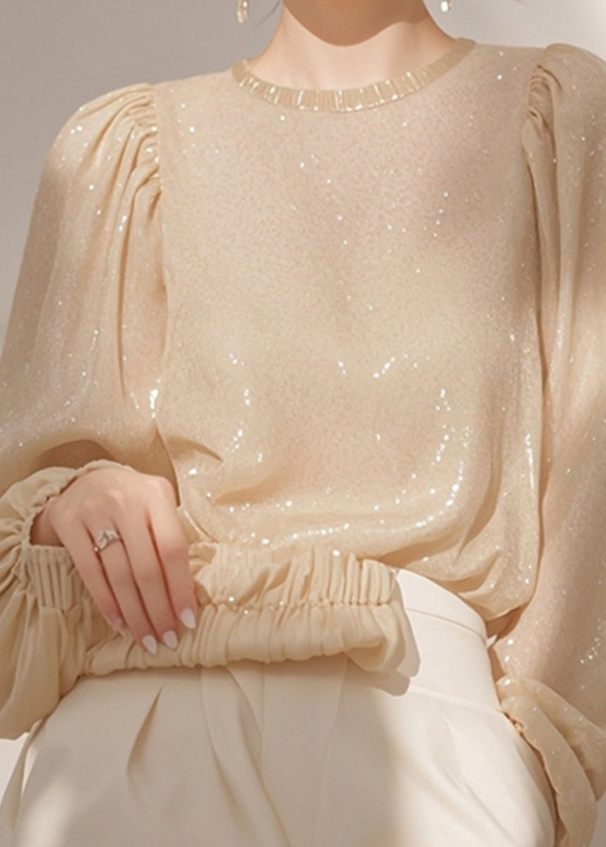 French Apricot O Neck Sequins Shirt Tops Spring