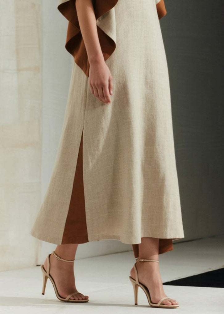 French Apricot Oversized Patchwork Cotton Long Dress Butterfly Sleeve