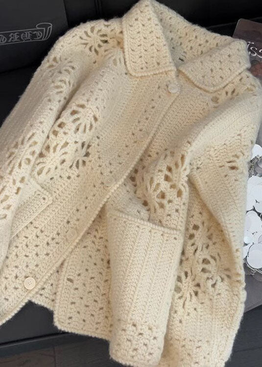 French Apricot Peter Pan Collar Hollow Out Knit Coats Spring