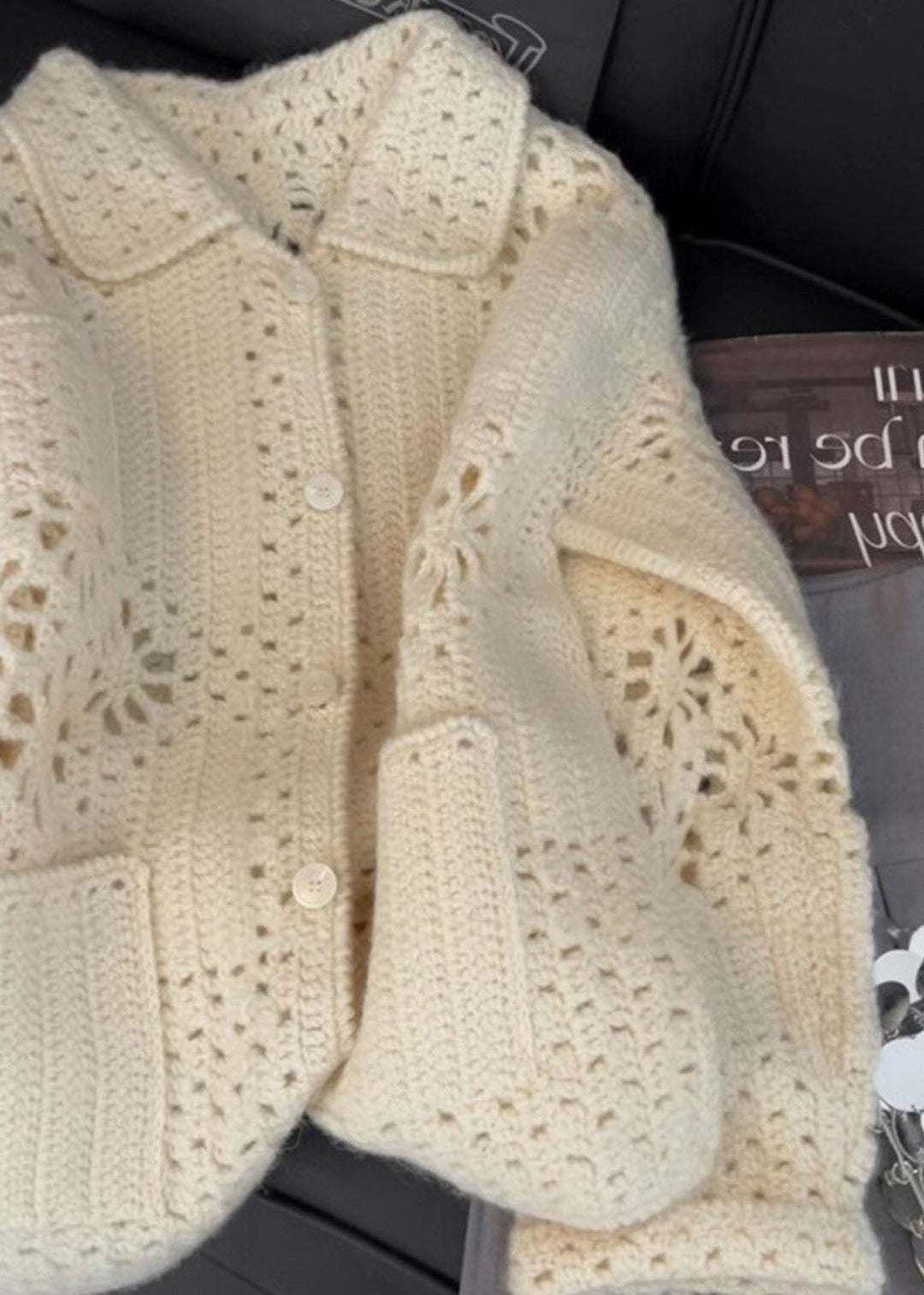 French Apricot Peter Pan Collar Hollow Out Knit Coats Spring