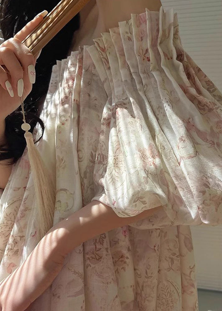 French Apricot Print Cold Shoulder Holiday Dress Lantern Sleeve