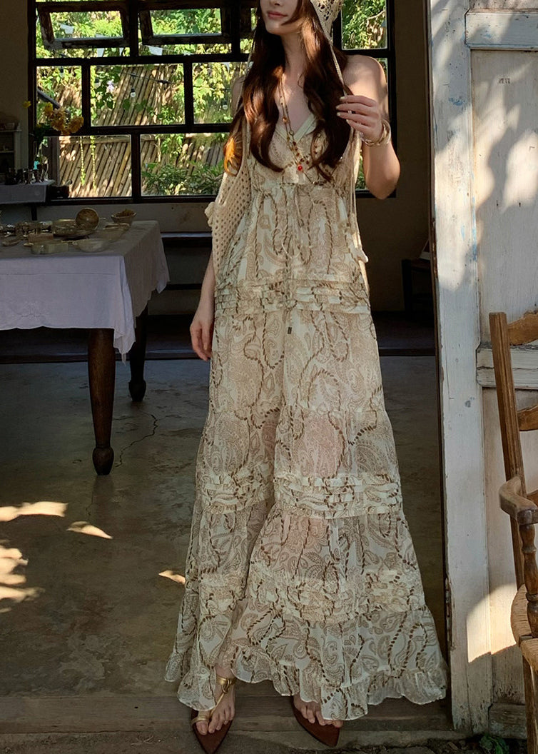 French Apricot Print Exra Large Hem Cotton Vacation Dress Summer