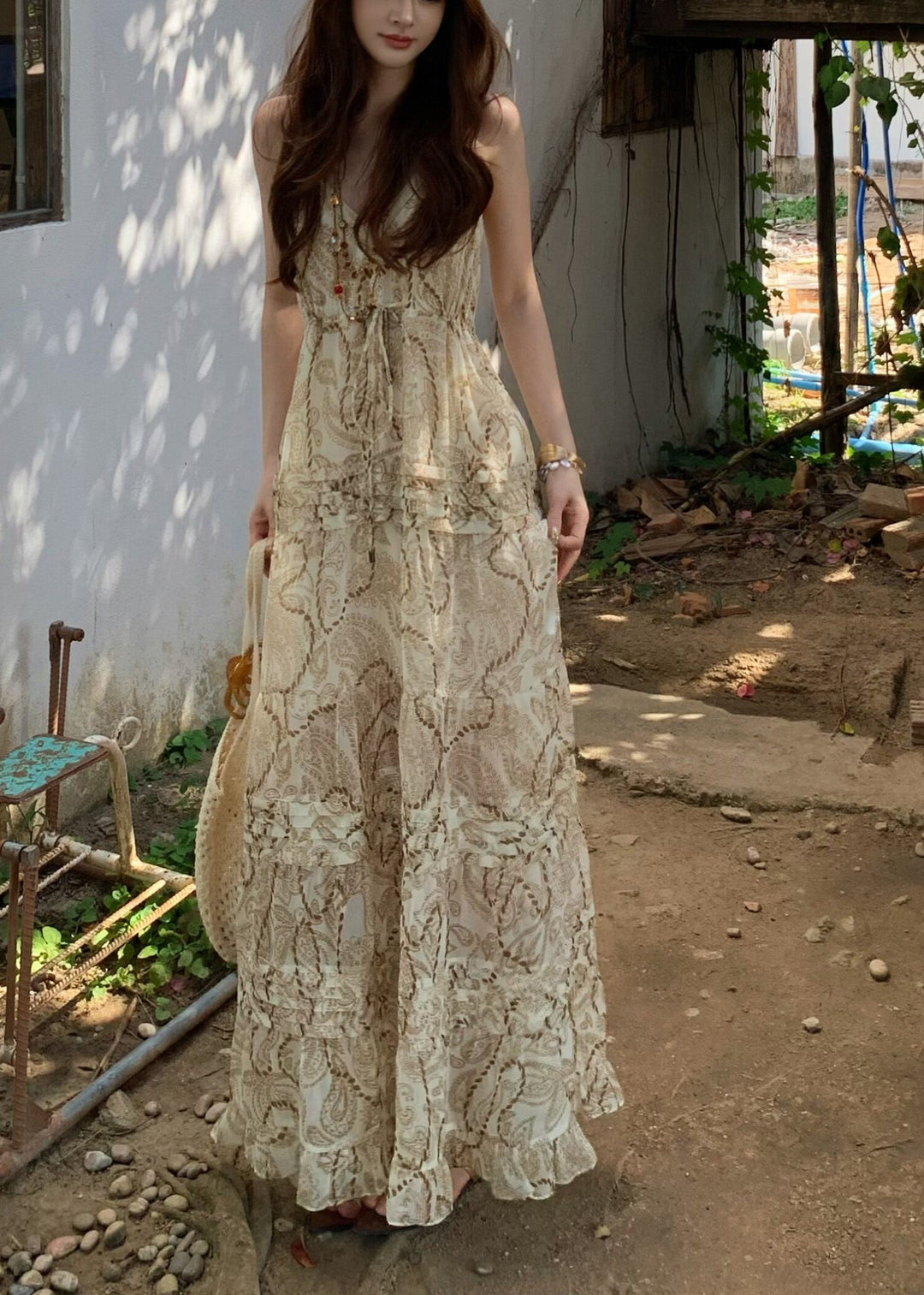 French Apricot Print Exra Large Hem Cotton Vacation Dress Summer