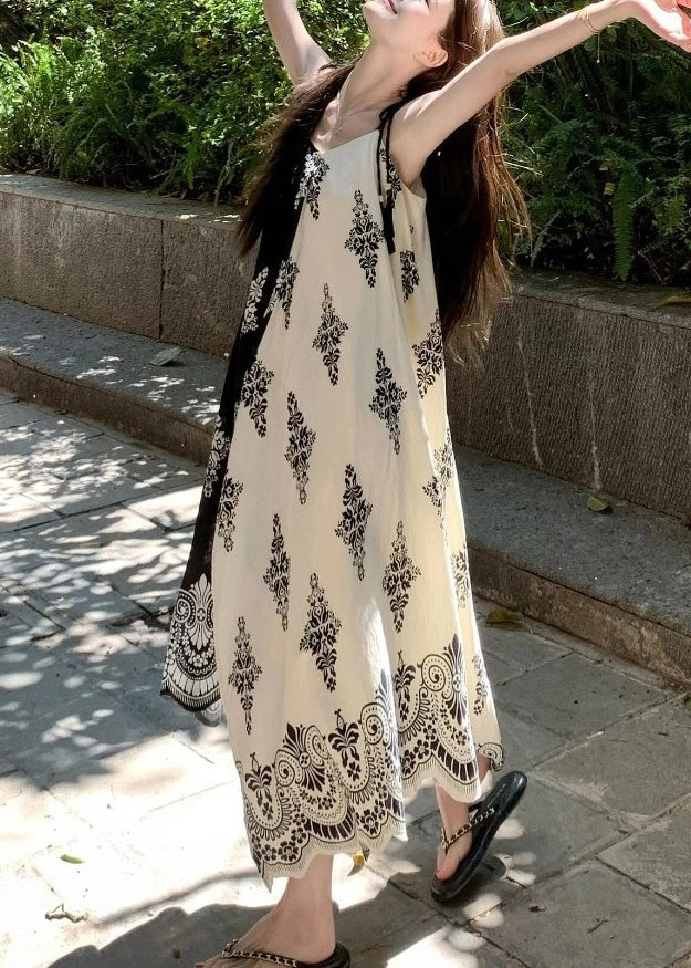 French Apricot Print Holiday Long Spaghetti Strap Dress Summer