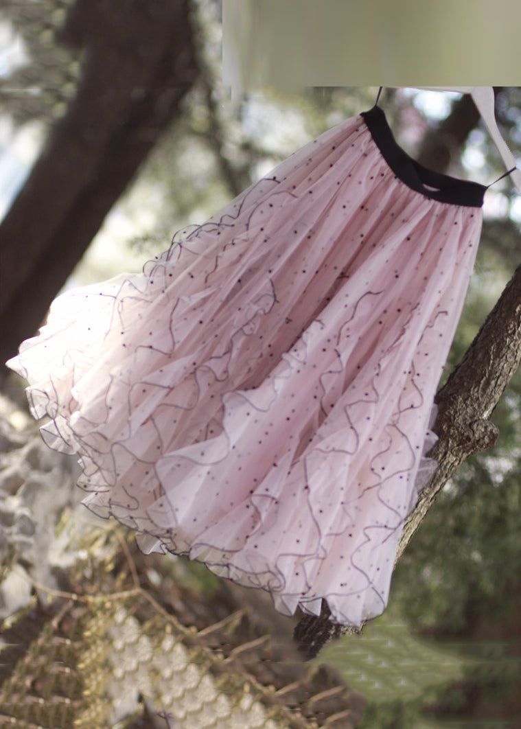 French Apricot Ruffled Elastic Waist Tulle Skirts Summer