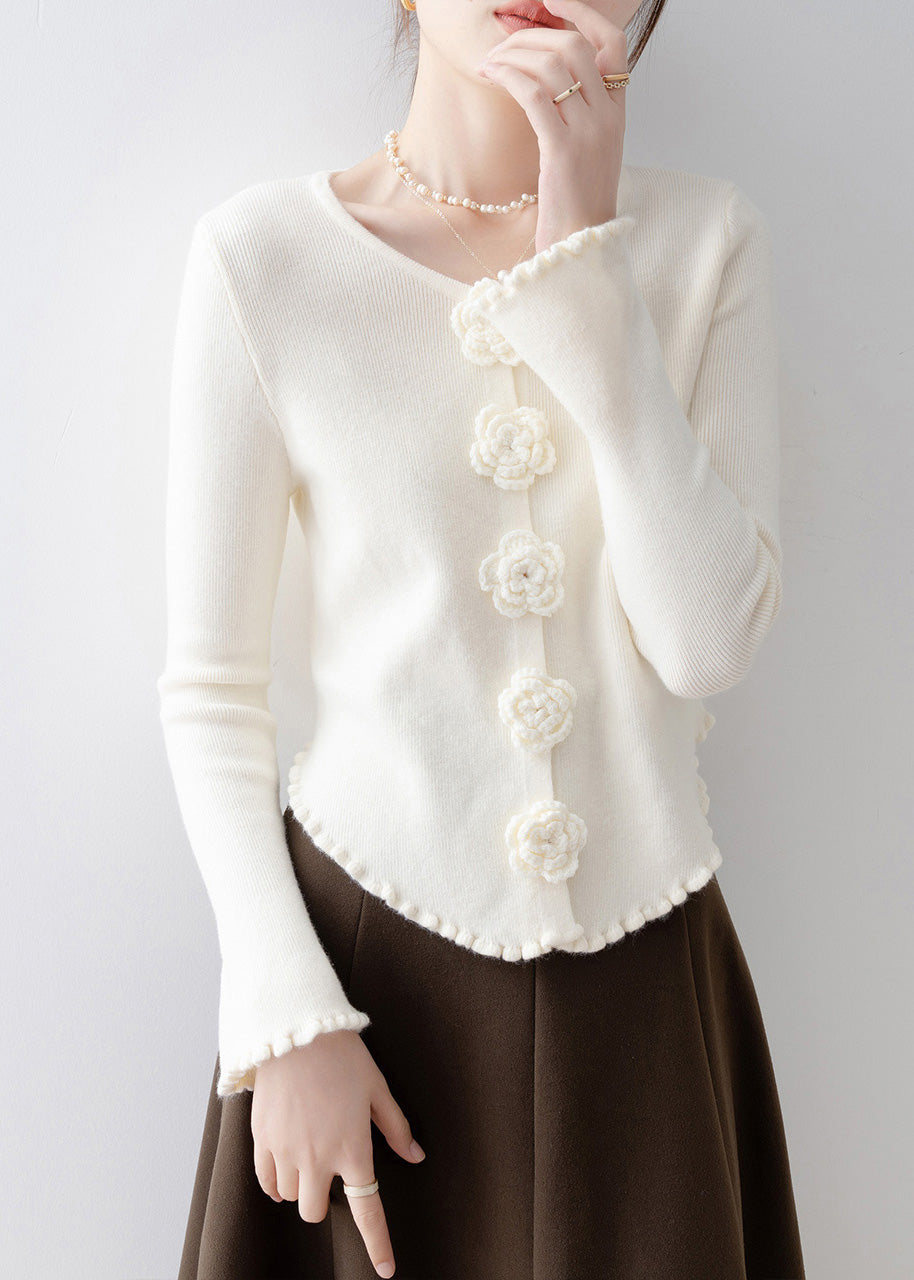 French Apricot Ruffled Floral Knit Sweaters Flare Sleeve