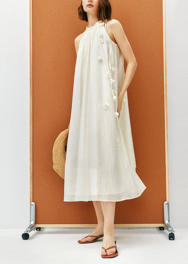 French Apricot Ruffled Floral Lace Up Cotton Dresses Sleeveless