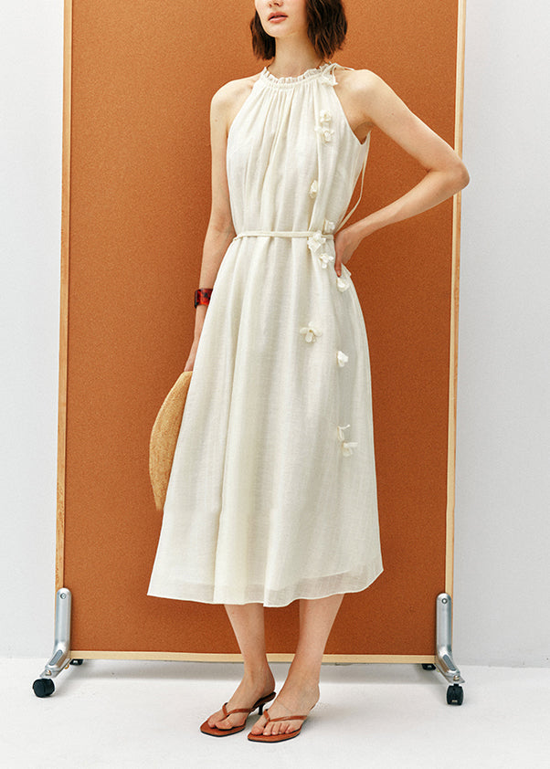 French Apricot Ruffled Floral Lace Up Cotton Dresses Sleeveless