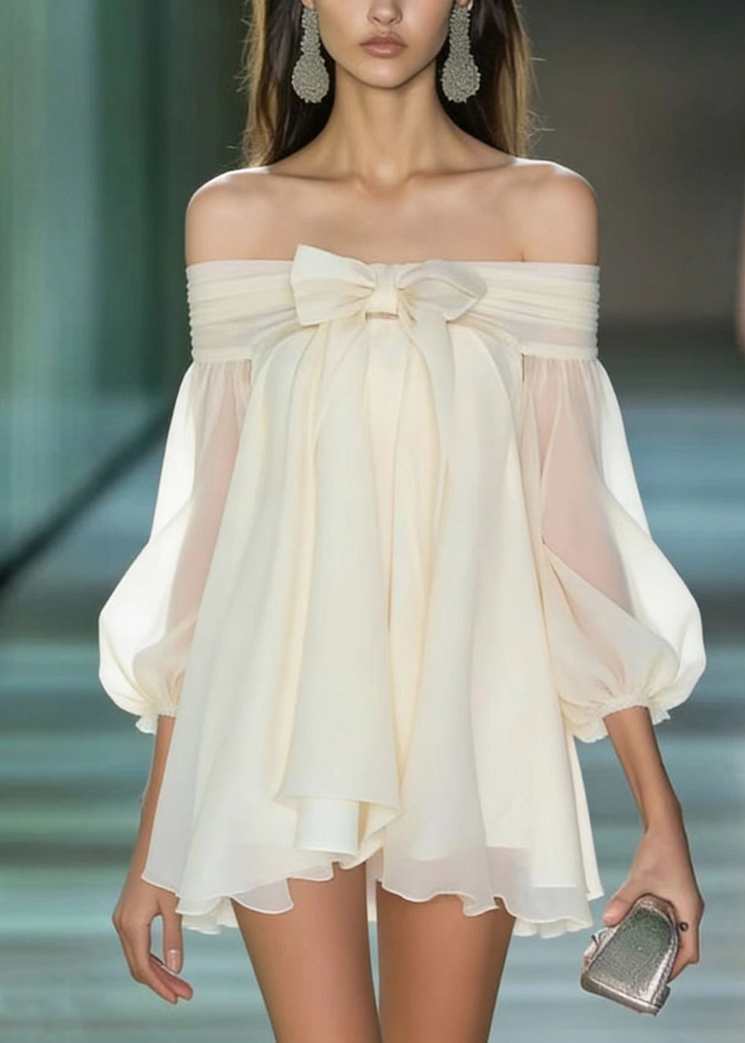 French Apricot Slash Neck Bow Chiffon Mini Dresses Summer