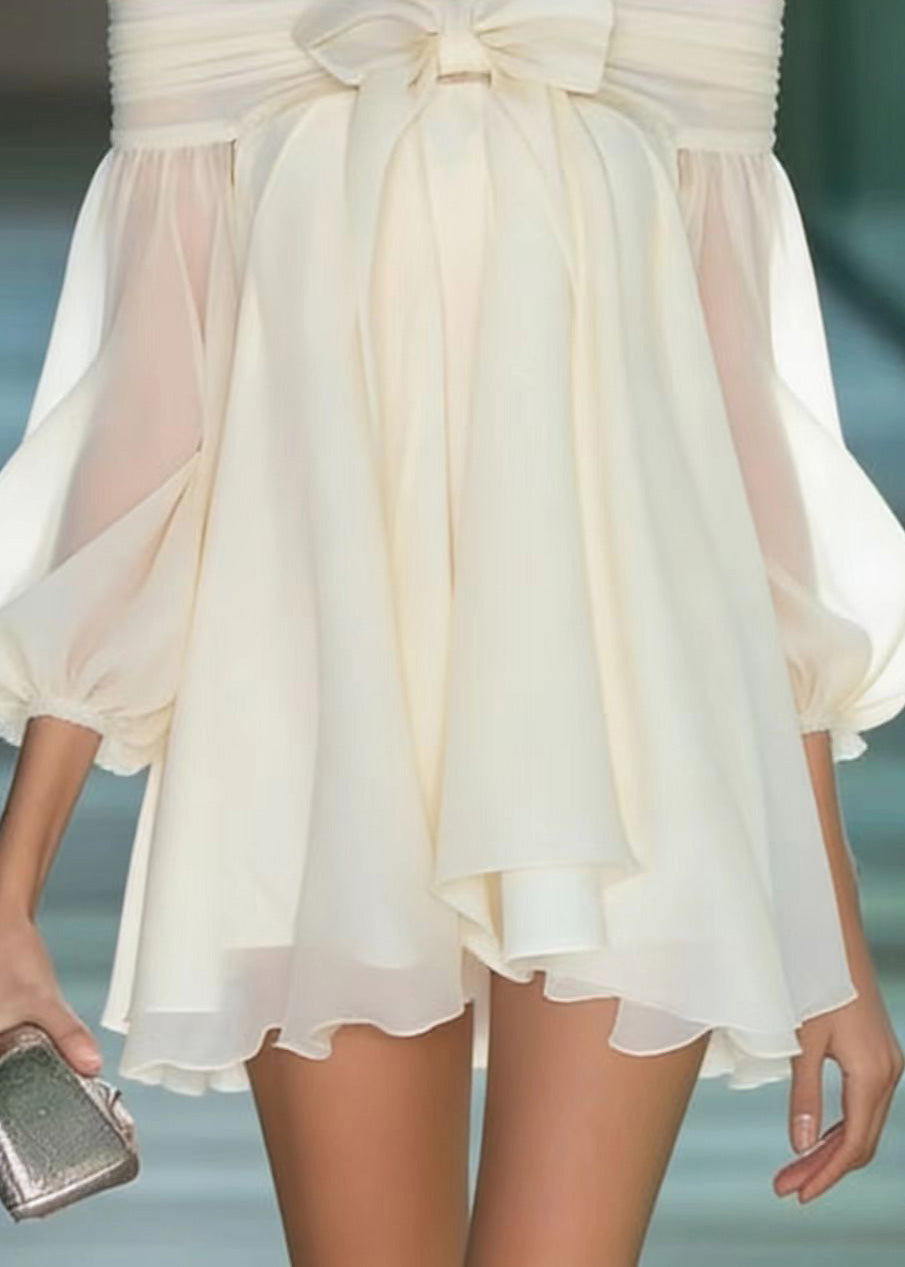 French Apricot Slash Neck Bow Chiffon Mini Dresses Summer