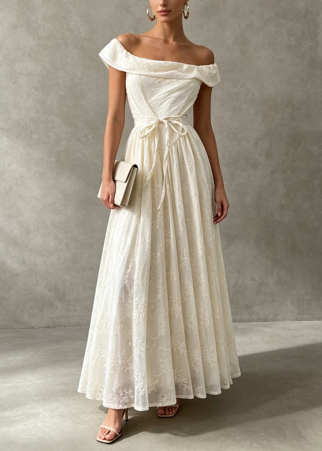 French Apricot Slash Neck Embroidered Patchwork Lace Dress Summer