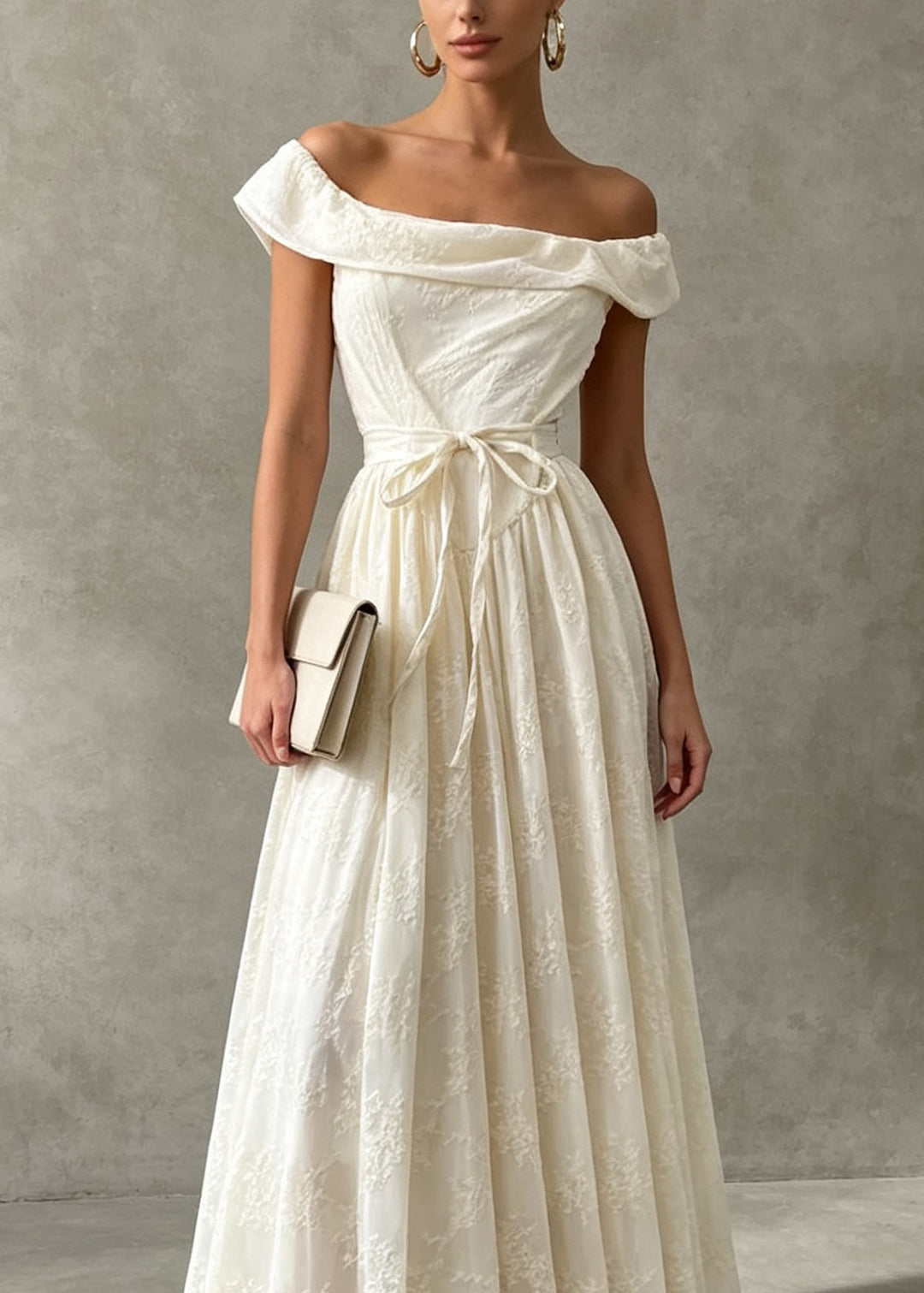 French Apricot Slash Neck Embroidered Patchwork Lace Dress Summer