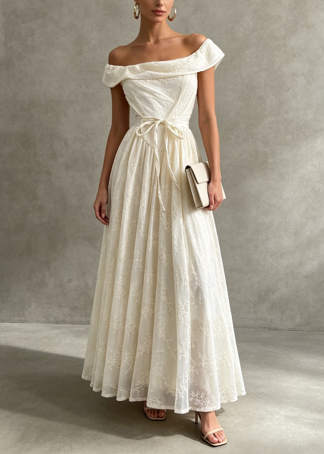 French Apricot Slash Neck Embroidered Patchwork Lace Dress Summer