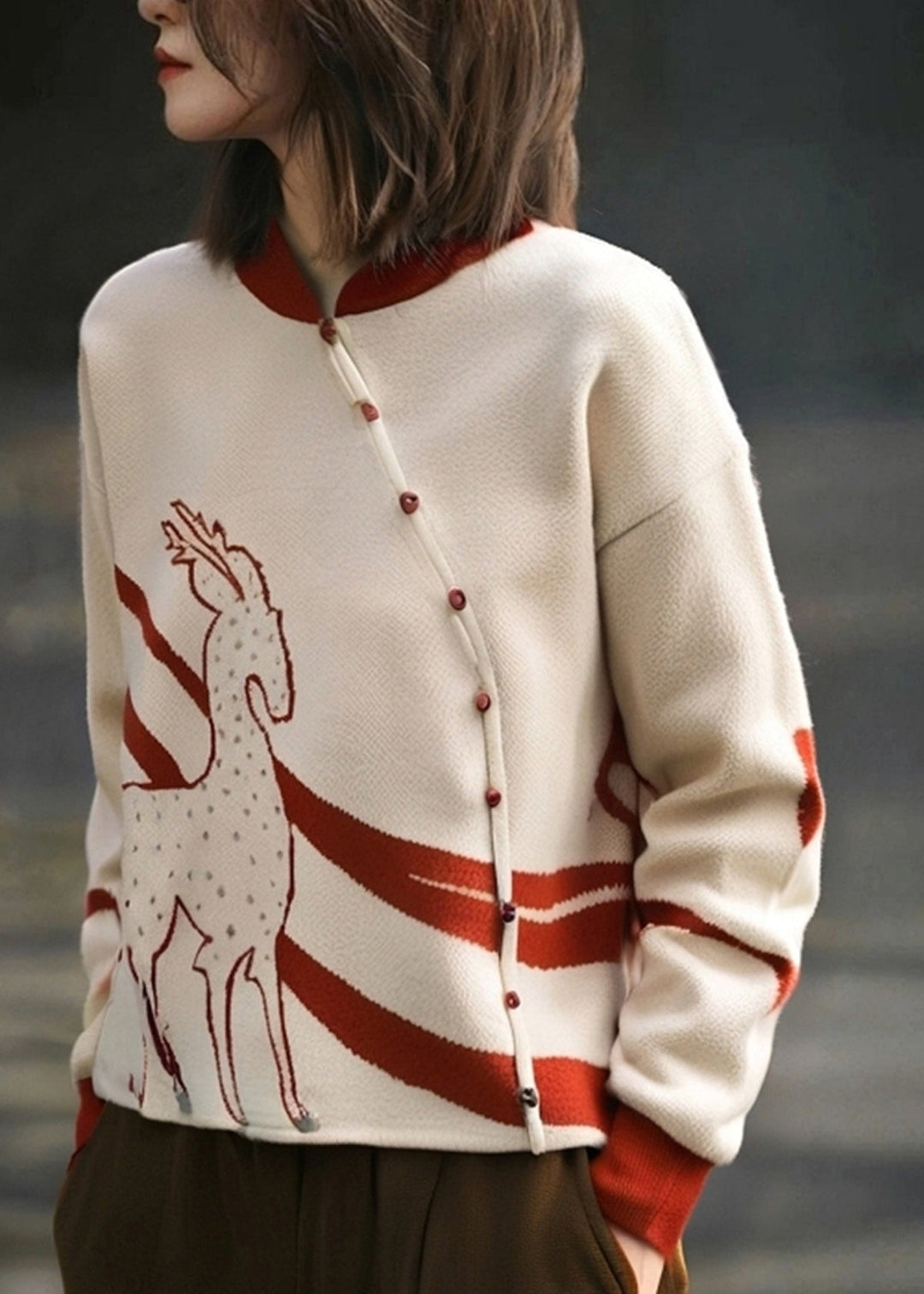 French Apricot Stand Collar Print Cotton Knit Sweate Fall