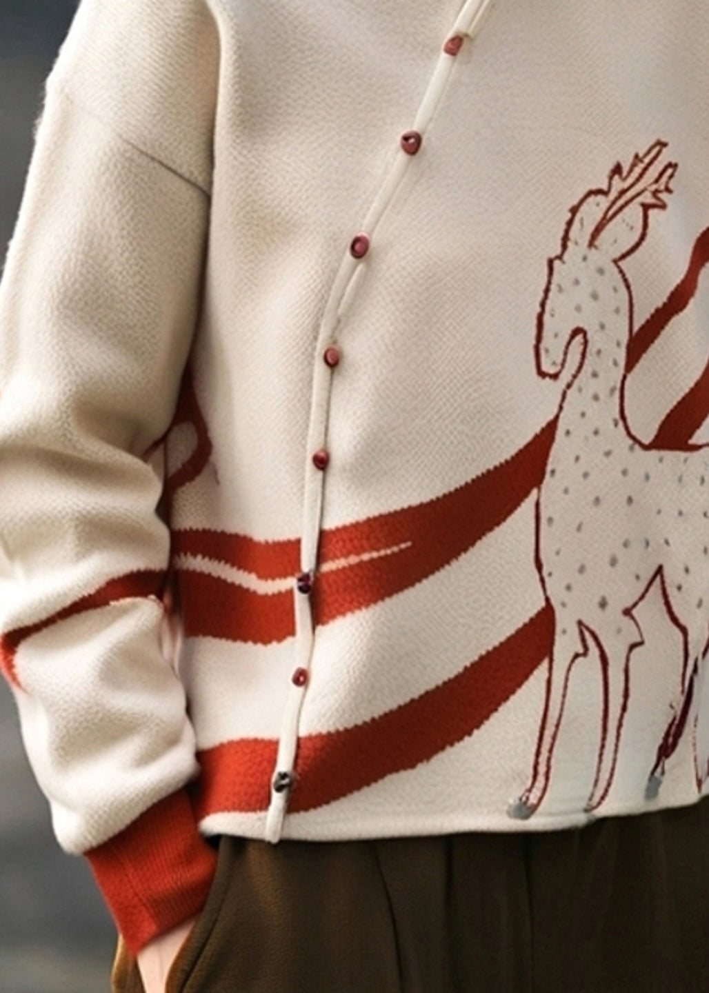 French Apricot Stand Collar Print Cotton Knit Sweate Fall