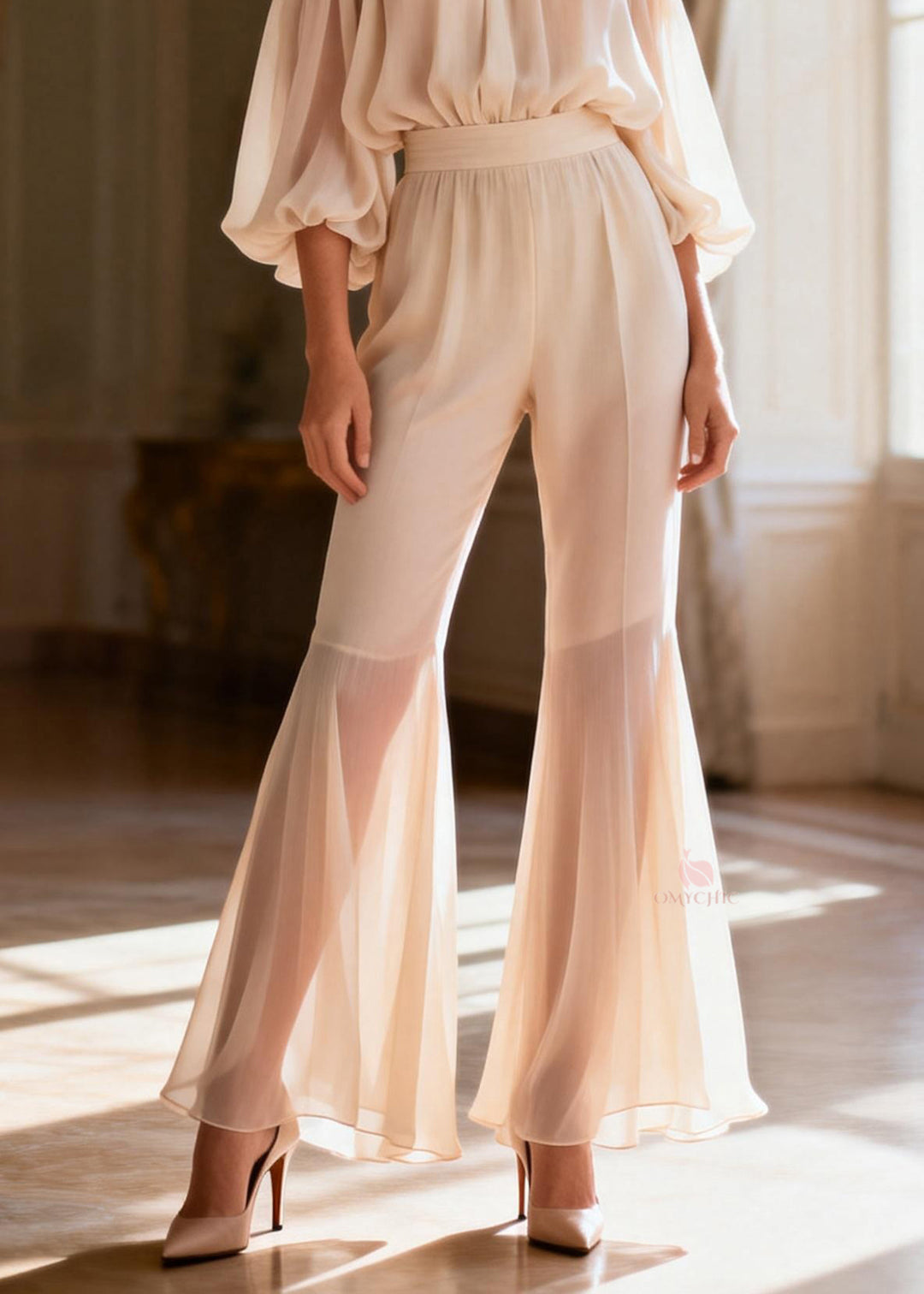 French Apricot Stand Collar Wrinkled Chiffon Top And Flared Trousers Two Pieces Set Lantern Sleeve