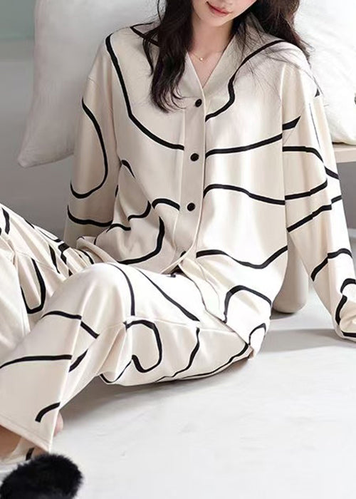 French Apricot Striped Button Cotton Pajamas Two Piece Set Fall