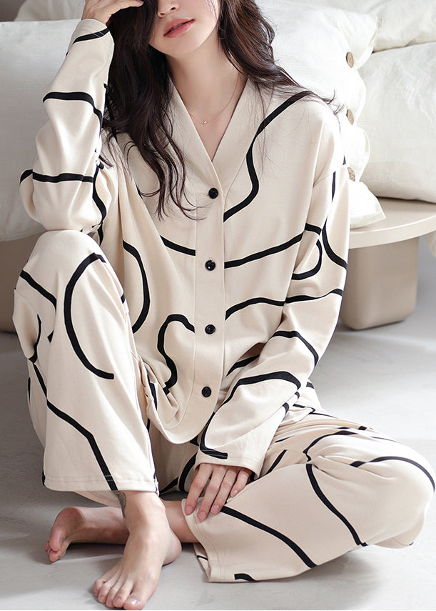 French Apricot Striped Button Cotton Pajamas Two Piece Set Fall