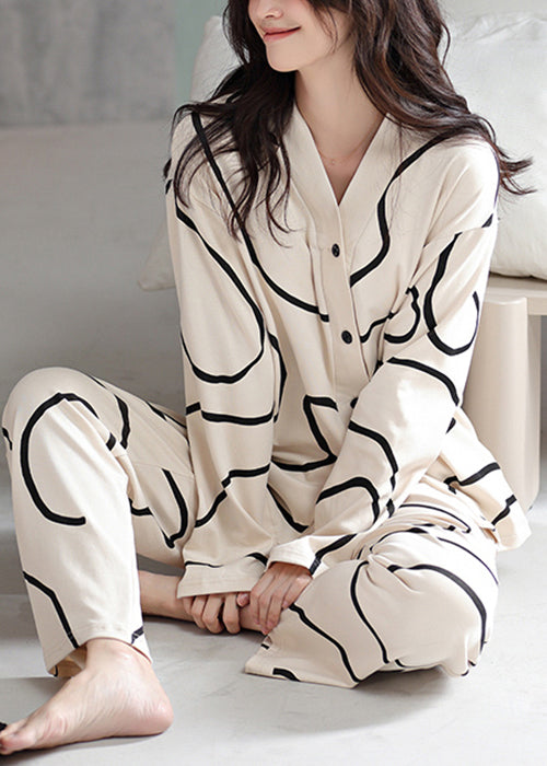 French Apricot Striped Button Cotton Pajamas Two Piece Set Fall