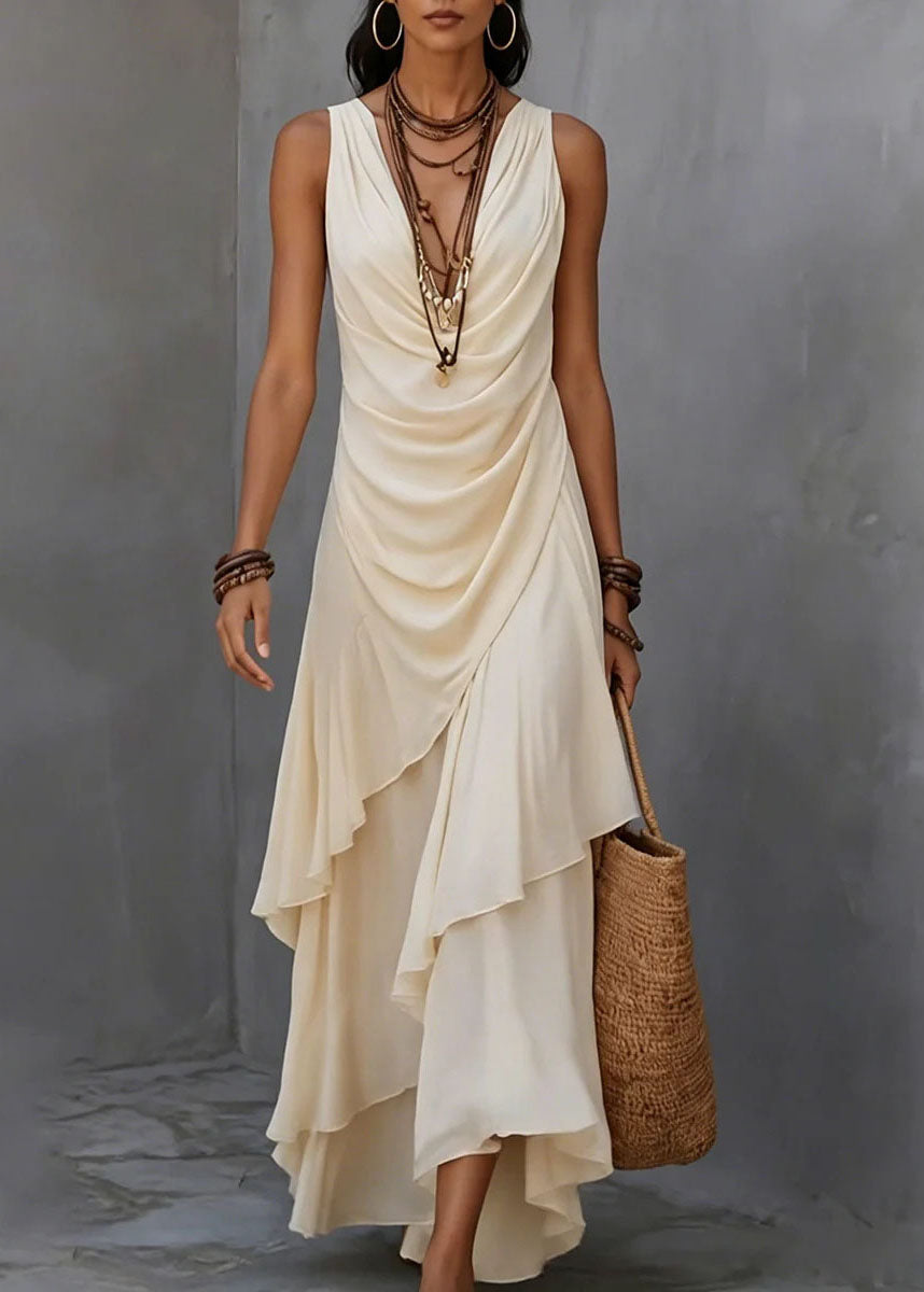 French Apricot V Neck Asymmetrical Ruffled Patchwork Chiffon Dress Sleeveless