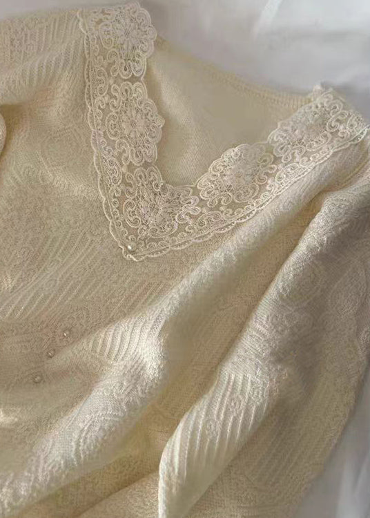 French Apricot V Neck Lace Patchwork Knit Tops Autumn