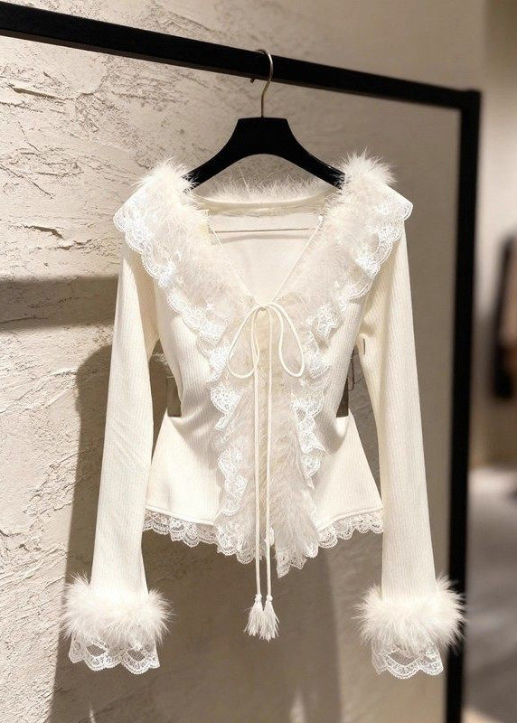 French Apricot V Neck Lace Patchwork Tie Lace Cotton Knit Sweater Spring