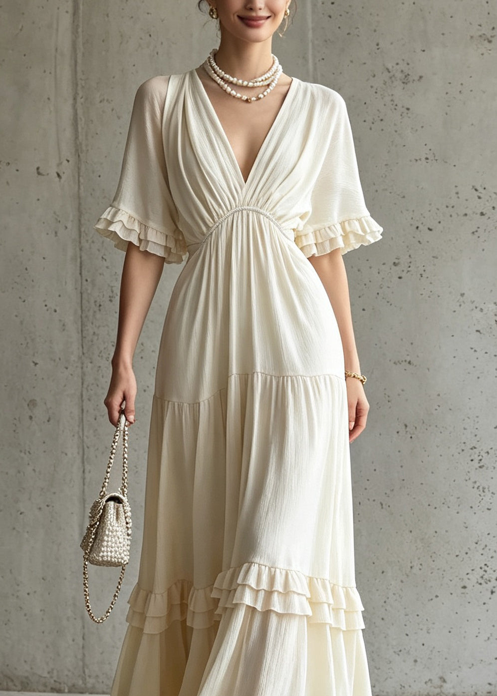 French Apricot V Neck Ruffled Patchwork Cotton Dress Summer