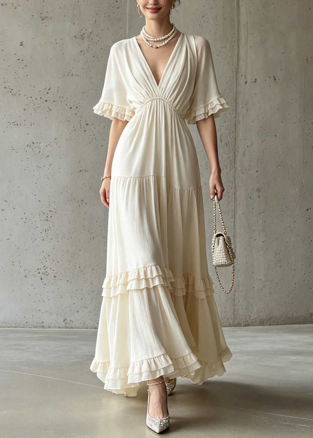 French Apricot V Neck Ruffled Patchwork Cotton Dress Summer