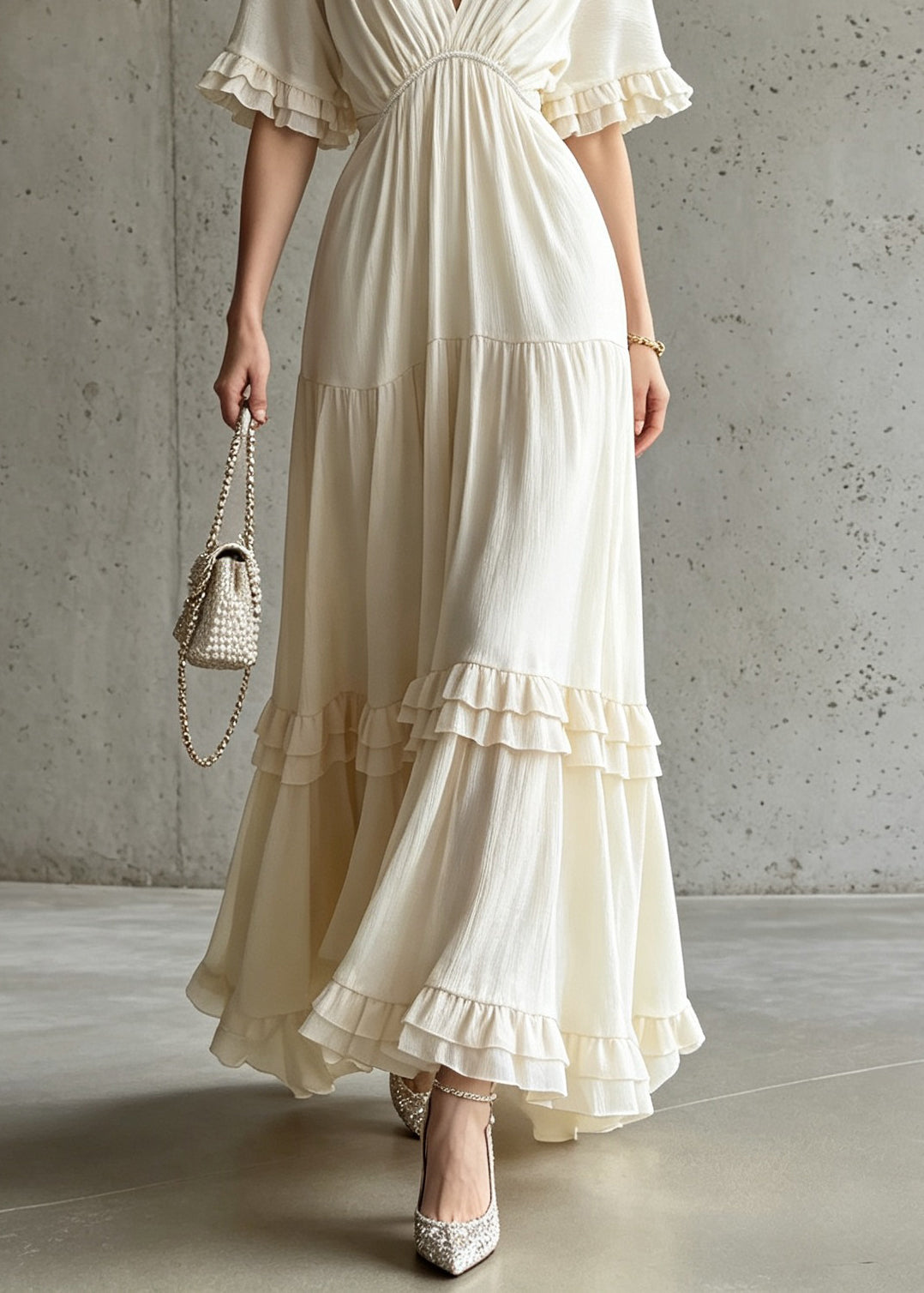 French Apricot V Neck Ruffled Patchwork Cotton Dress Summer