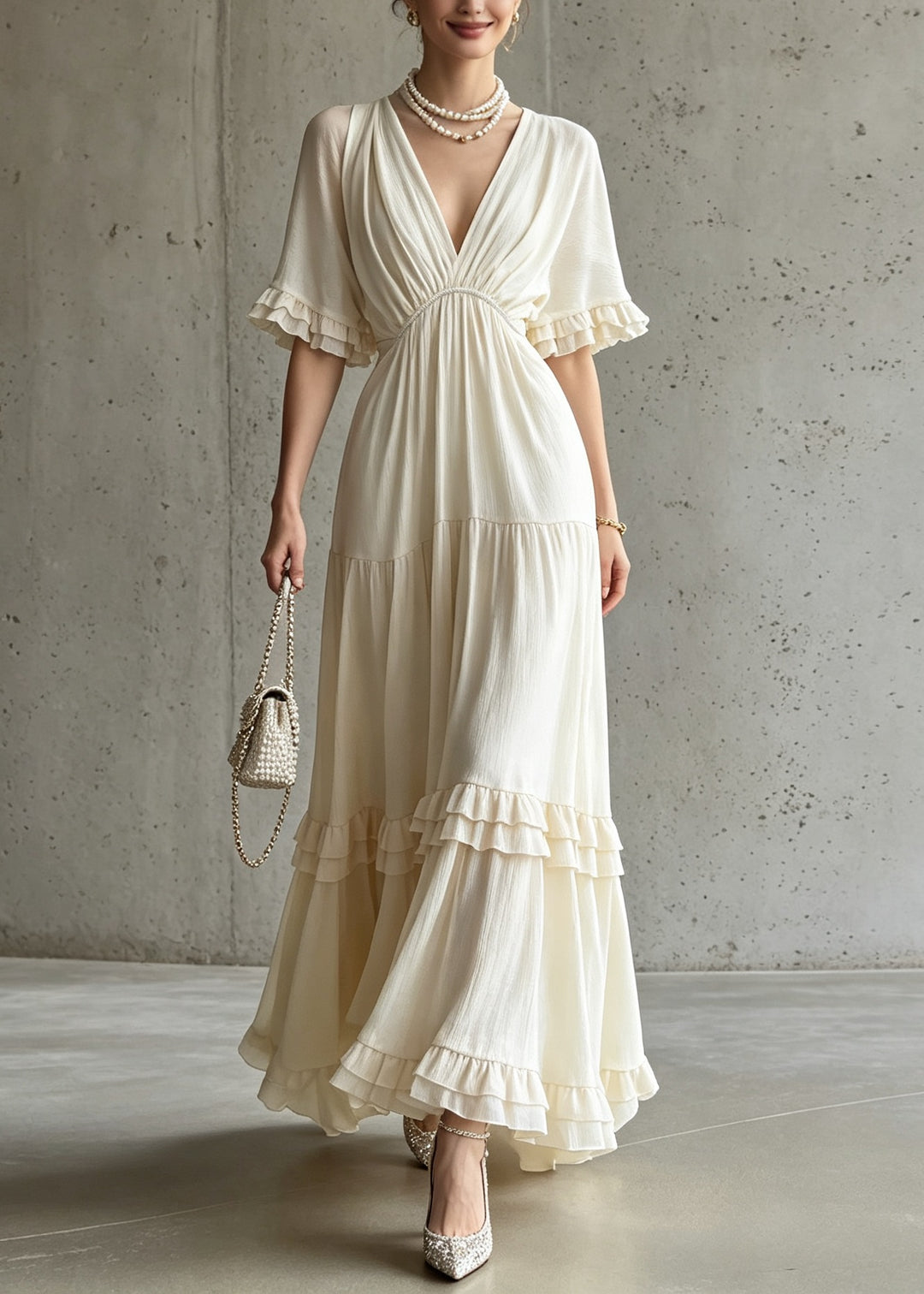 French Apricot V Neck Ruffled Patchwork Cotton Dress Summer