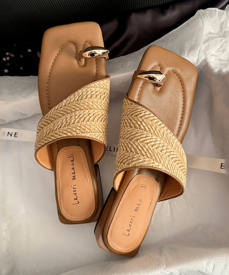 French Apricot Vacation Style Sheepskin Woven Toe Flip Flops