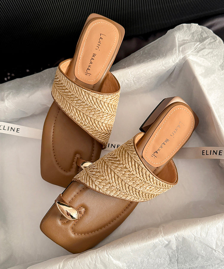 French Apricot Vacation Style Sheepskin Woven Toe Flip Flops