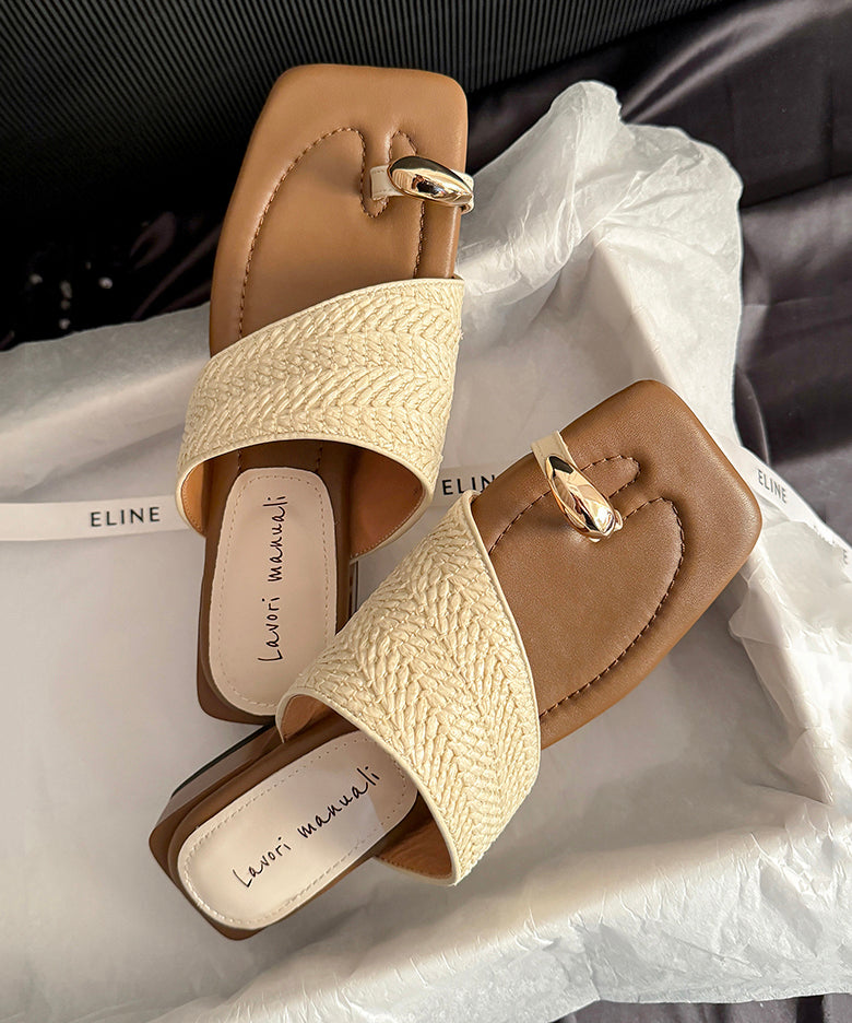 French Apricot Vacation Style Sheepskin Woven Toe Flip Flops